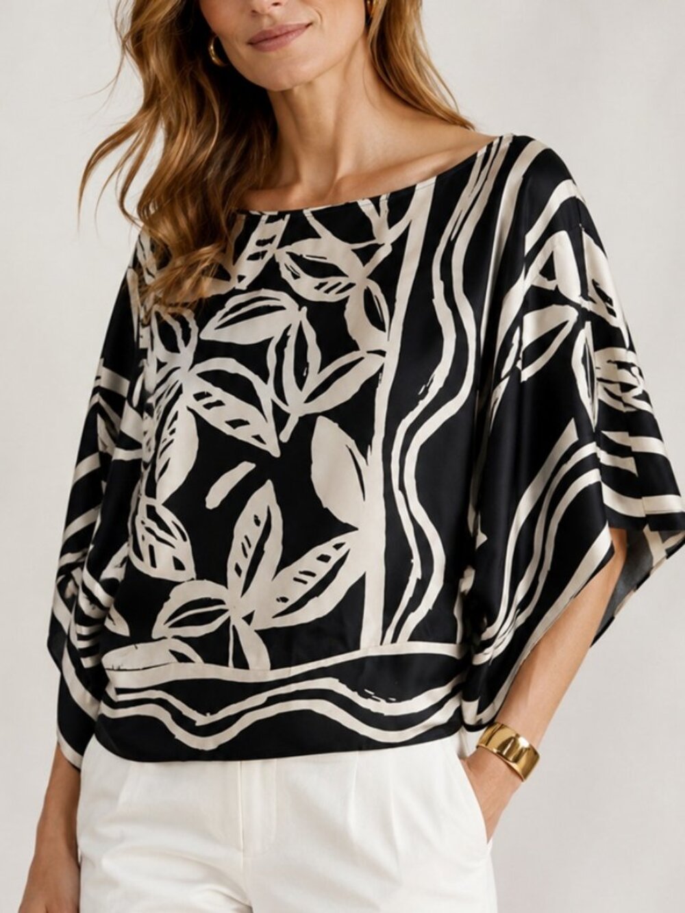 Cache 100% Silk Floral Dolman Sleeve Smocked Blouse Black Ivory S